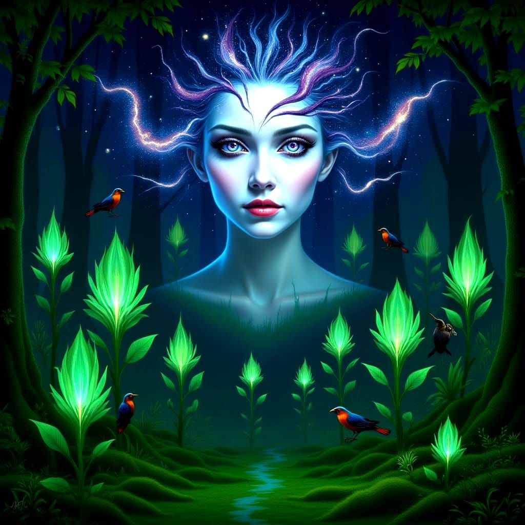 A majestic, ghostly woman's face made of pure starlight and eyes like distant galaxies in a forest of giant, glowing plants. The woman's hai...