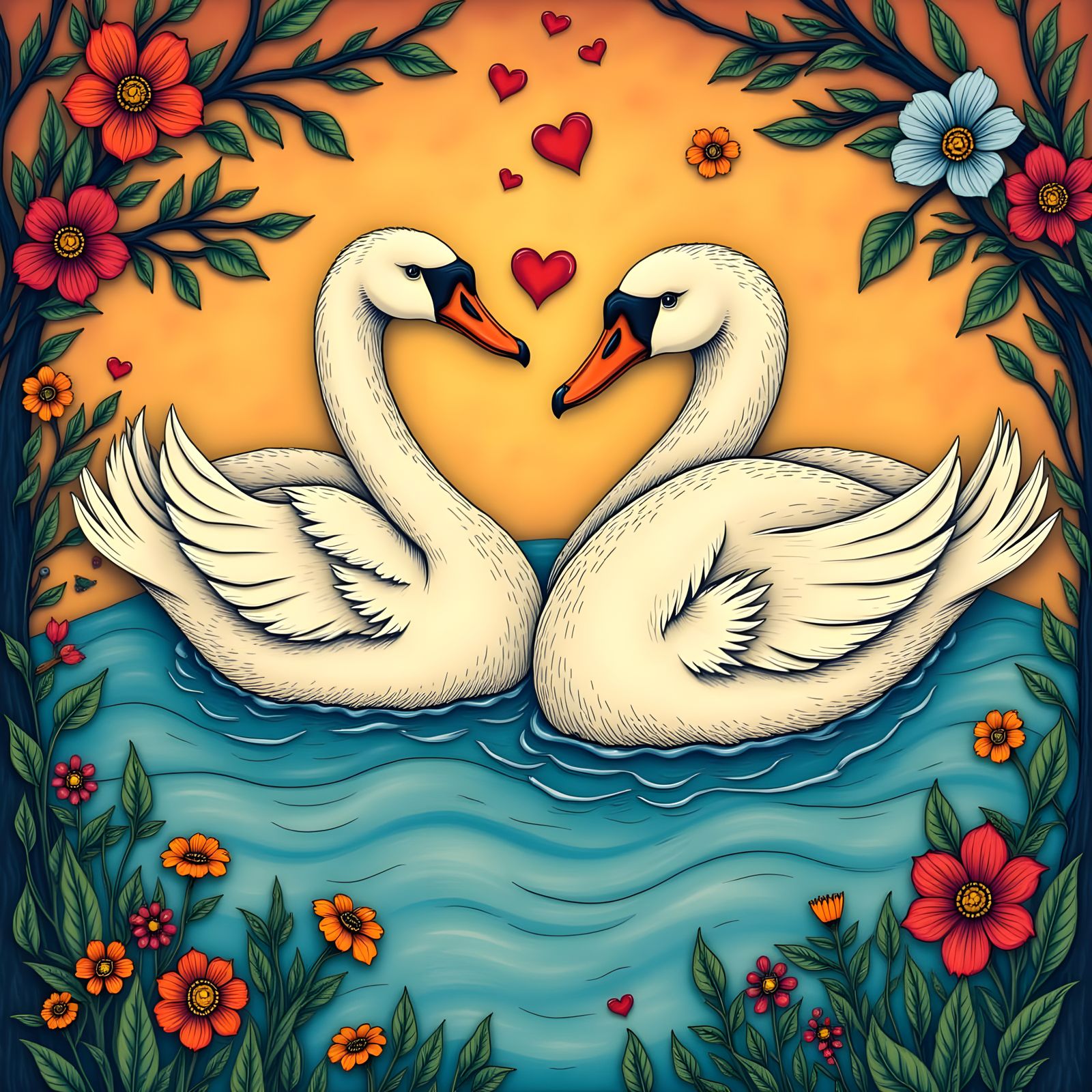 swans, heart, love,  <lora:Folk-Art:1.0>