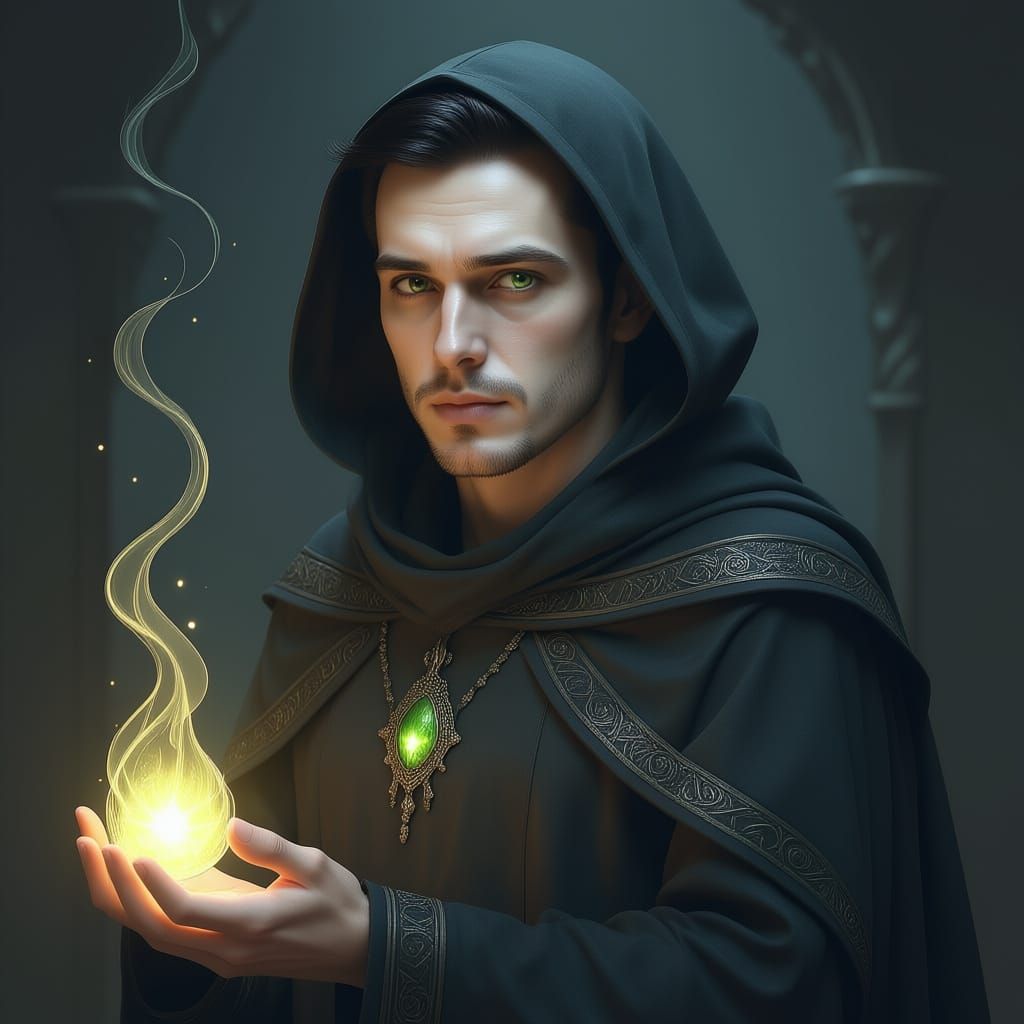 Aasimar (protector) Twilight cleric in dark gray robes and dark green snake eyes