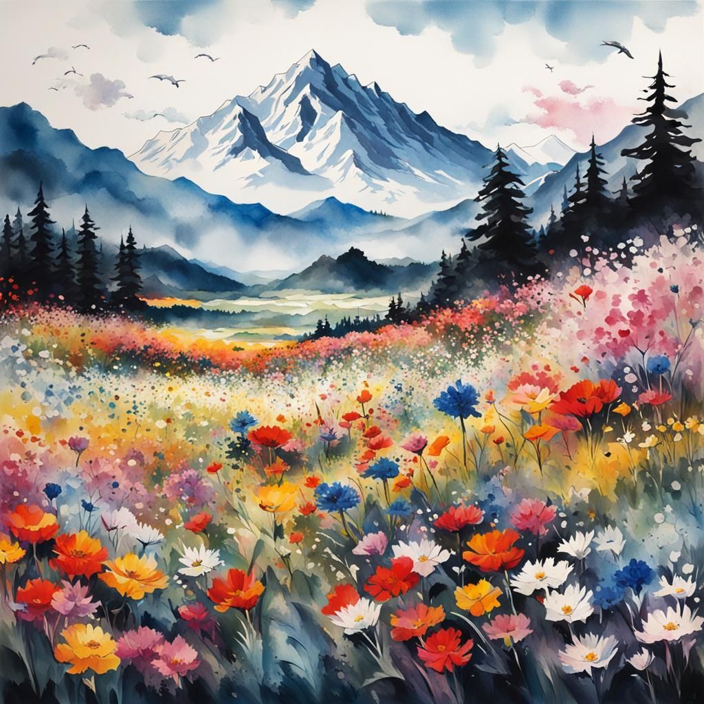 sumi-e of a field of flowers with mountains in the backgroun...