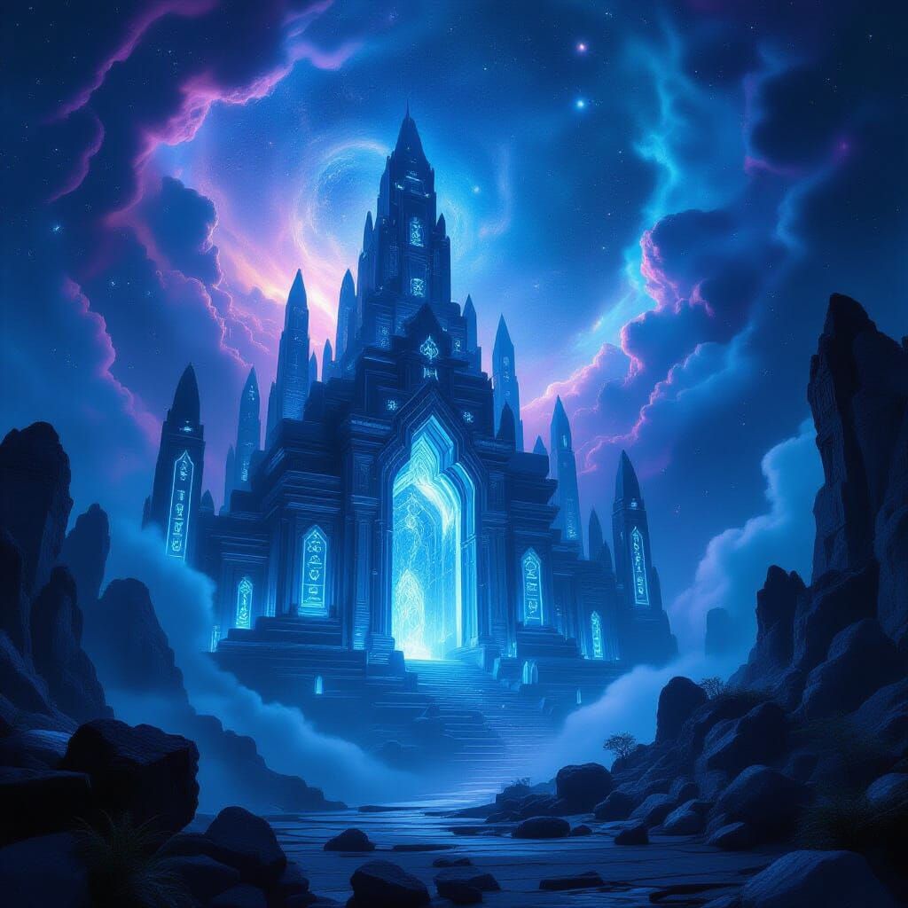 An ethereal temple complex emerges from a swirling nebula, its architecture a fusion of bioluminescent alien flora and impossibly balanced c...