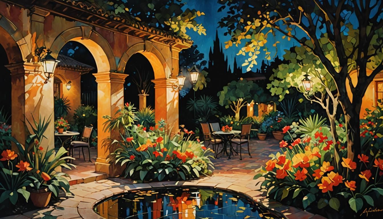 Spanish garden by night ; dynamic lighting, shiny, glowing, ...