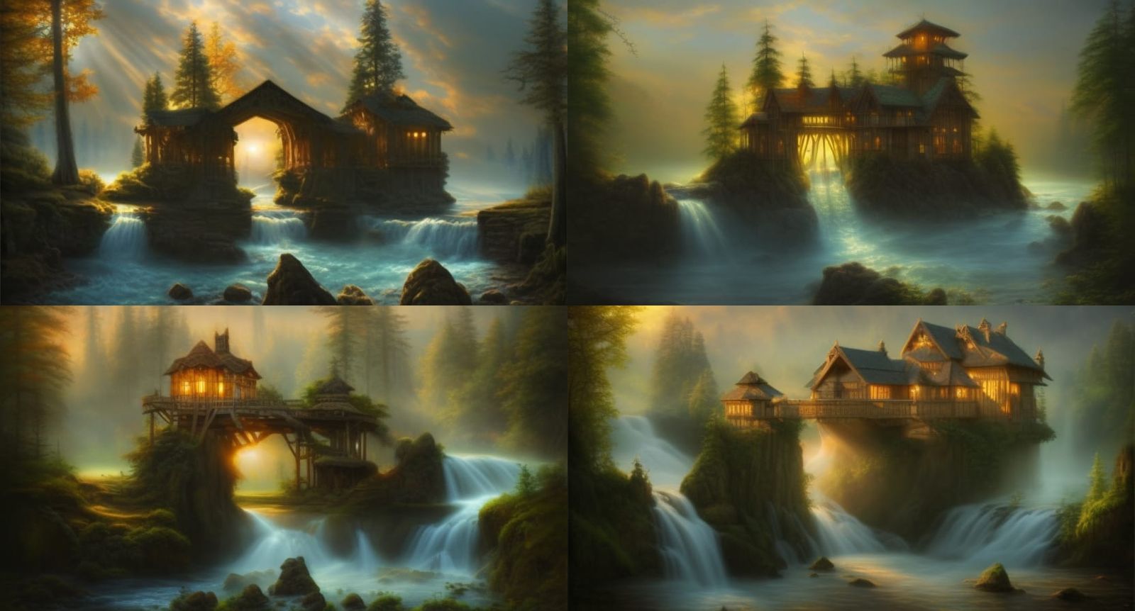 luminous, sunny  Gorgeous hyper detailed Waterfall and old w...