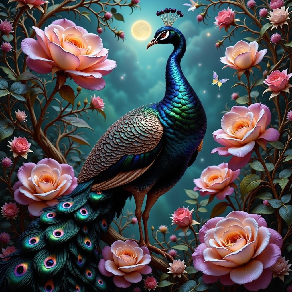 Hyperrealistic Iridescent Black Peacock in a Hyperdetailed Maximalist Magical Fantasy Rose Garden <lora:Iridescent Fantasy:1.0> 