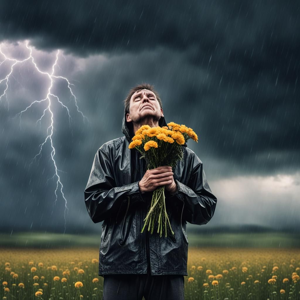 Melancholy Man Crying in Rainy Thunderstorm