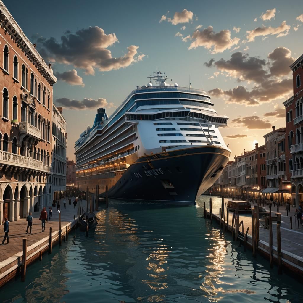 an ultra realistic photo of a cruise ship in the Grand Canal...