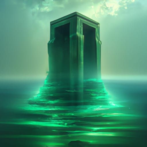 cyclopian monolith, glowing green at the botom of the sea
