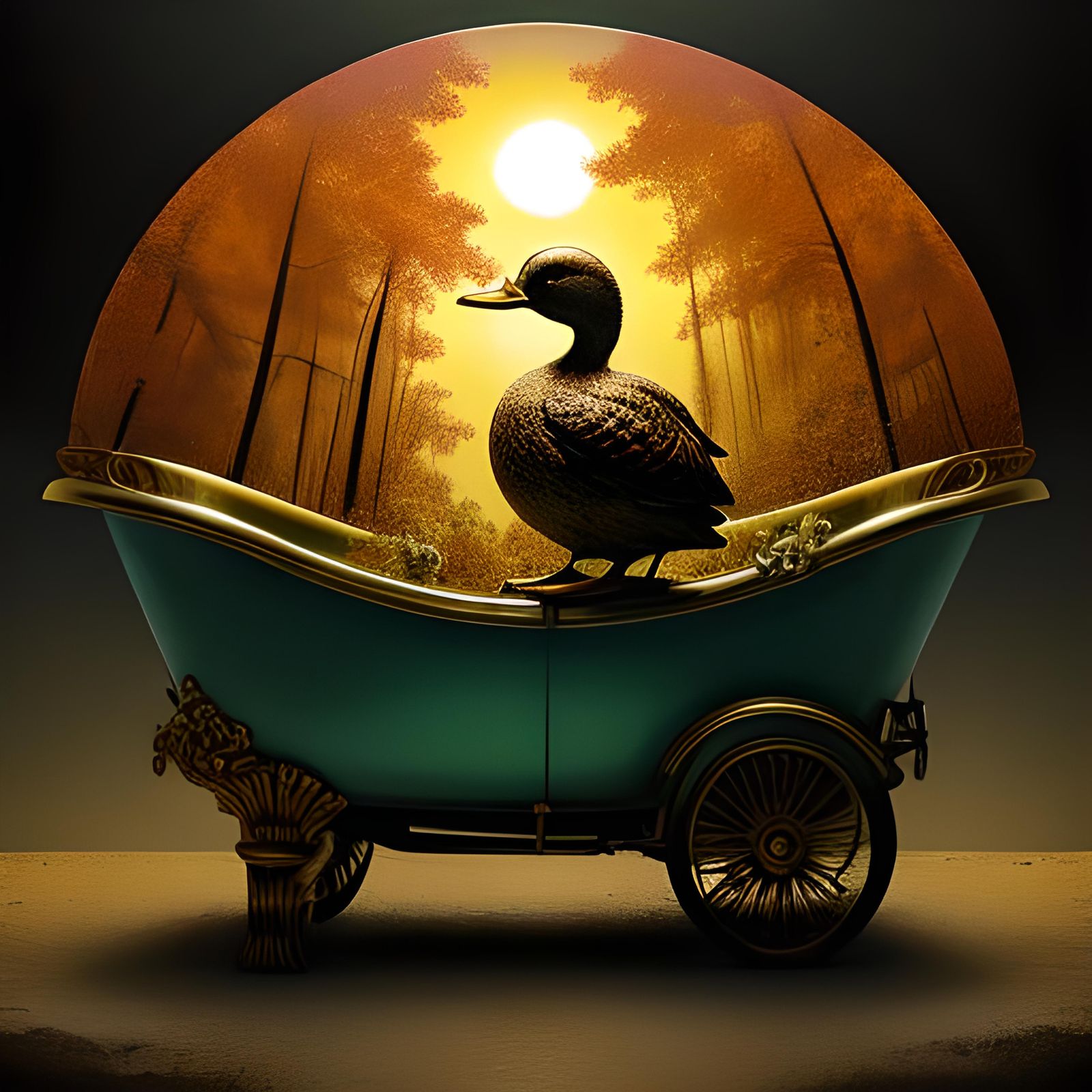 Duck mobile bathtub forest sunset