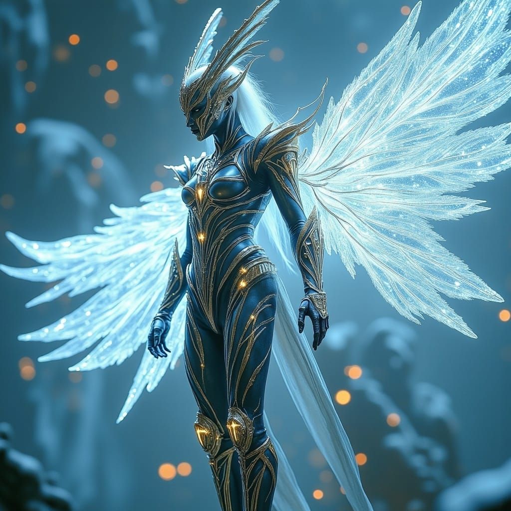<lora:WEFx:1.0>  White, Silver, Royal_Blue, Gold, Midnight_Black. Heroic well_armed_High-tech_Valkyrie soaring into action, radiating lumino...