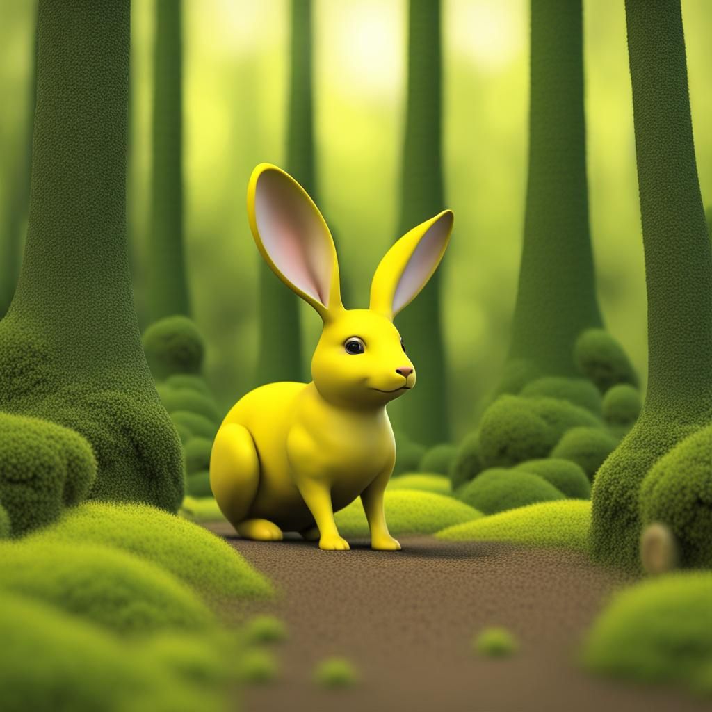 Conejo amarillo sanador en el bosque mágico oculto
