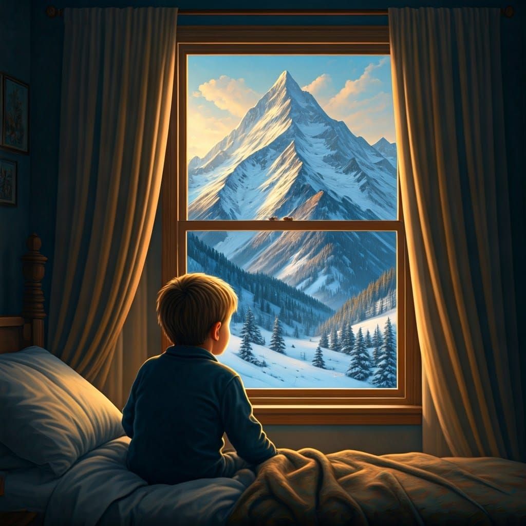 a boy looking out of his bedroom window at the snow covered mountains  by @Patsy 