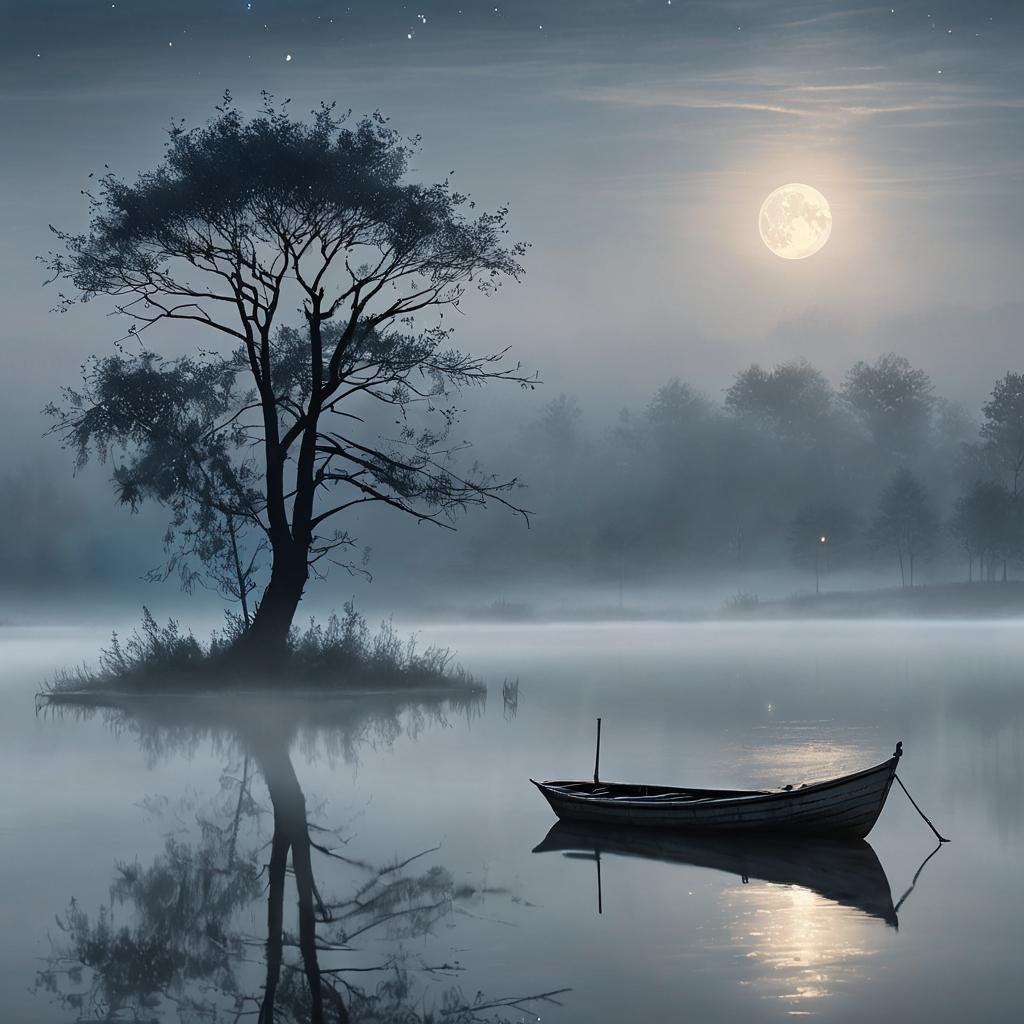 A rustic boat lurking on a fog-shrouded lake at night  by @EllaMoonDesign