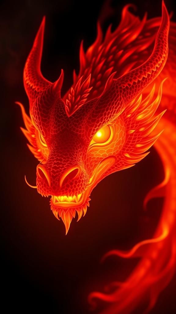 Portrait Tête Dragon fusion avec le feu 🔥visage de près orange et rouge et deux yeux lumineux qui scintillent. Entouré de vers-luisants. Dr...