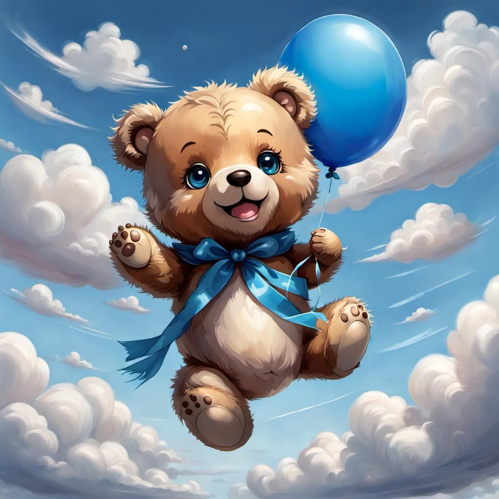 Joyful Teddy Bear Floating with Blue Balloon