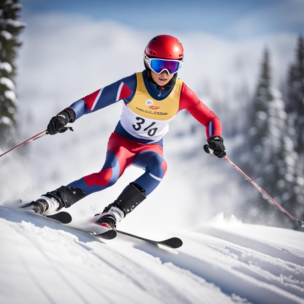 Young Olympian racing on a snowy downhill skiing course trying to beat their best record AI
