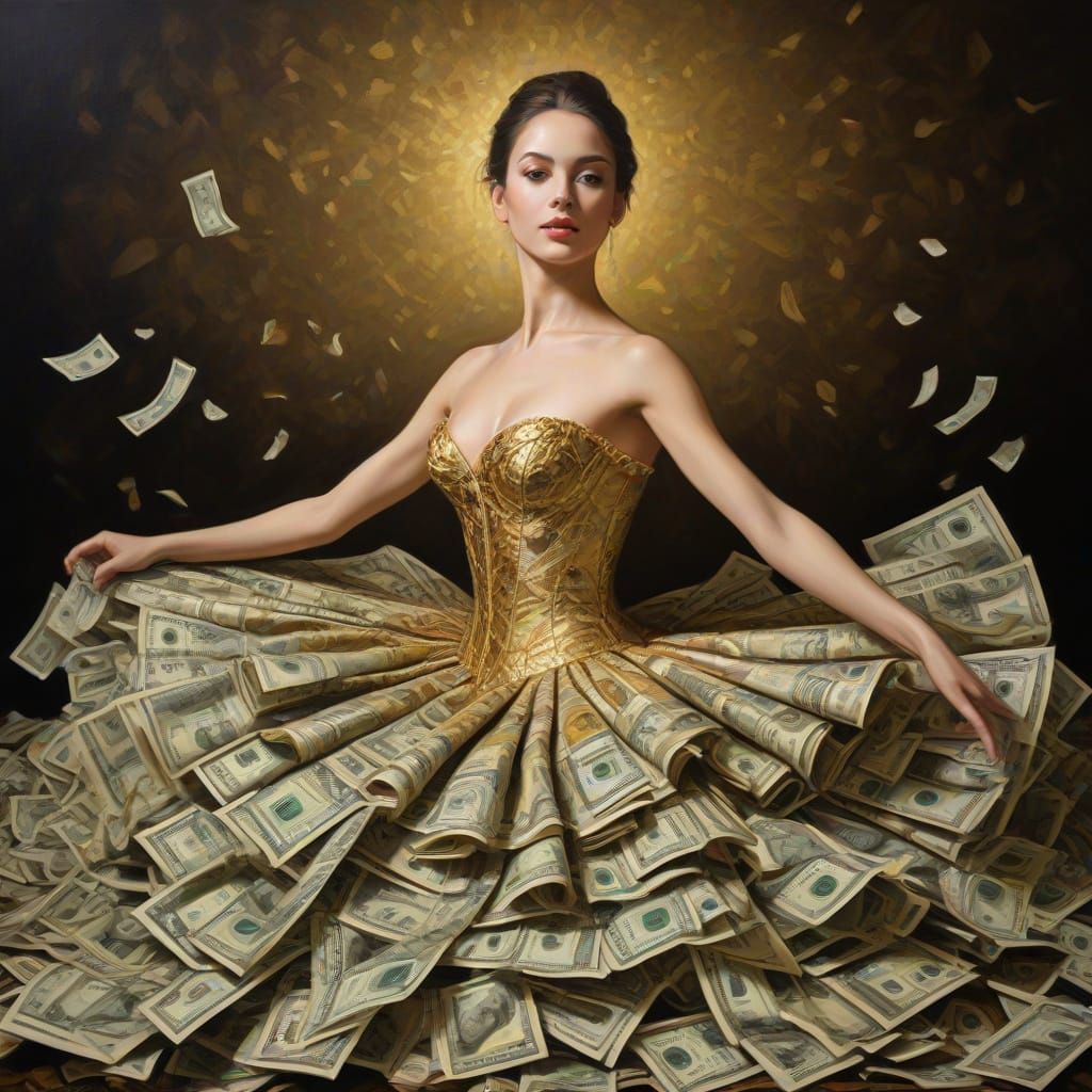 A brunette ballerina in a flowing gown made entirely of hundred dollar bills, leaving a wake of money ...  by @Charleen