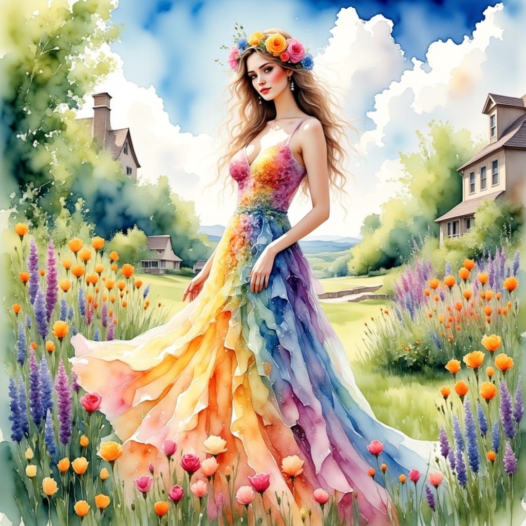 <lora:WATERCOLOUR STYLE:1.0> lady spring, dress made of flowers, in the garden, a lot of sun, flowers on her head,ethereal fantasy hyperdeta...