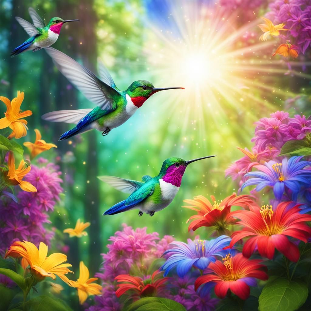 <lora:jewel colored humming birds flying through a lush fore...