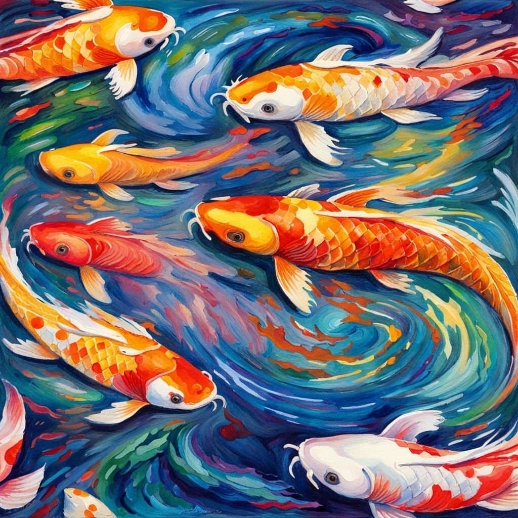 A watercolor painting of Koi fish in a swirling rainbow pool.  by @Leland Lewis