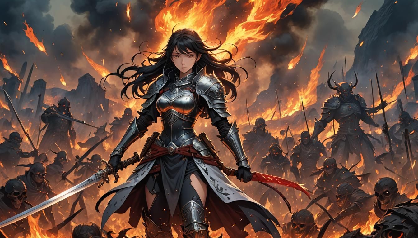 Anime Warrior Amidst Ashes in Cel-Shaded Style