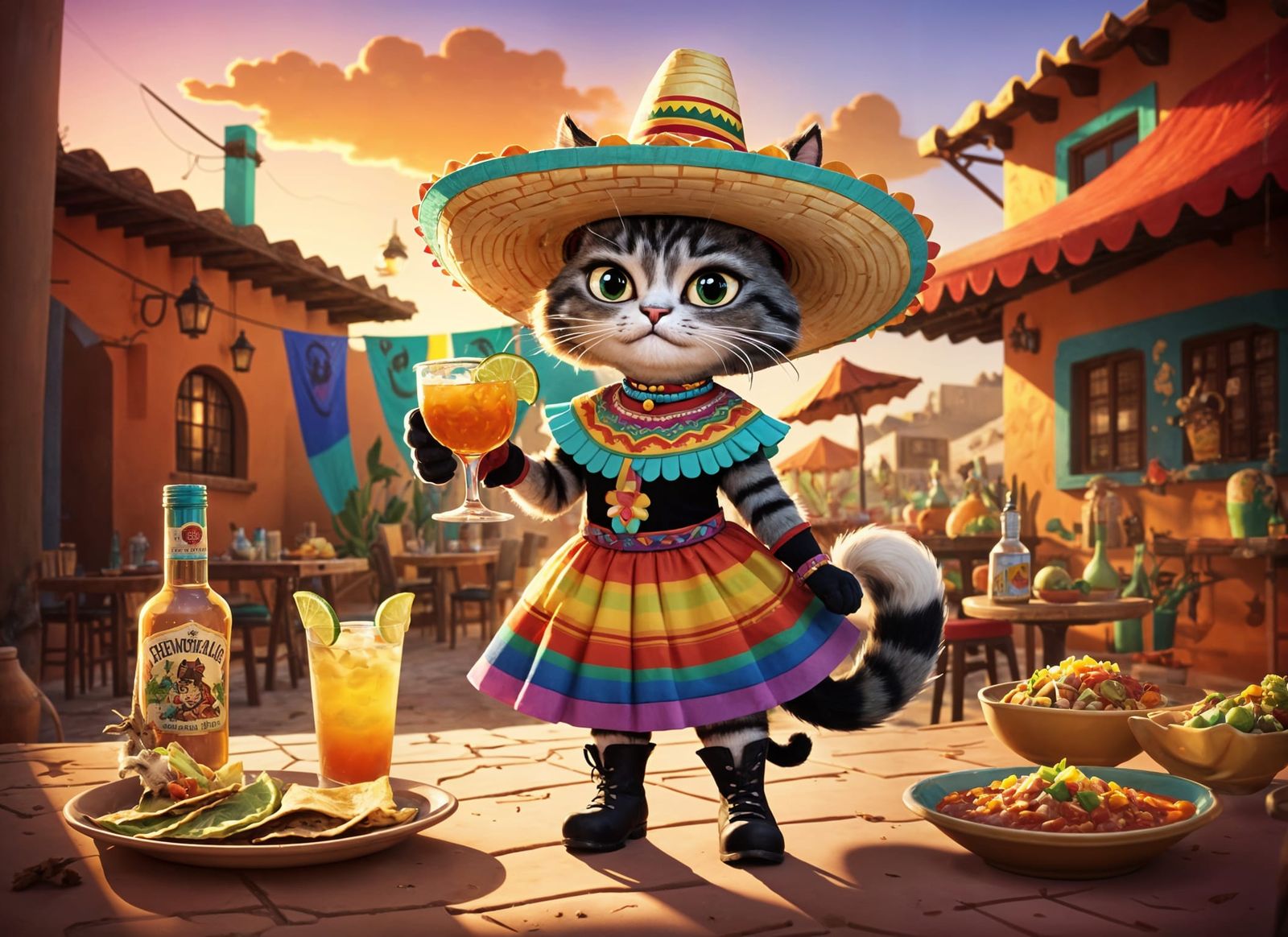 A cat in sombrero and colorful dress drinking Tequila at a Mexican style party   by @Fokje
