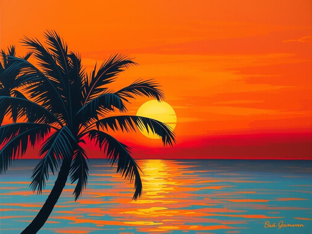A tropical sunset with a palm tree in the foreground  by @Helena
