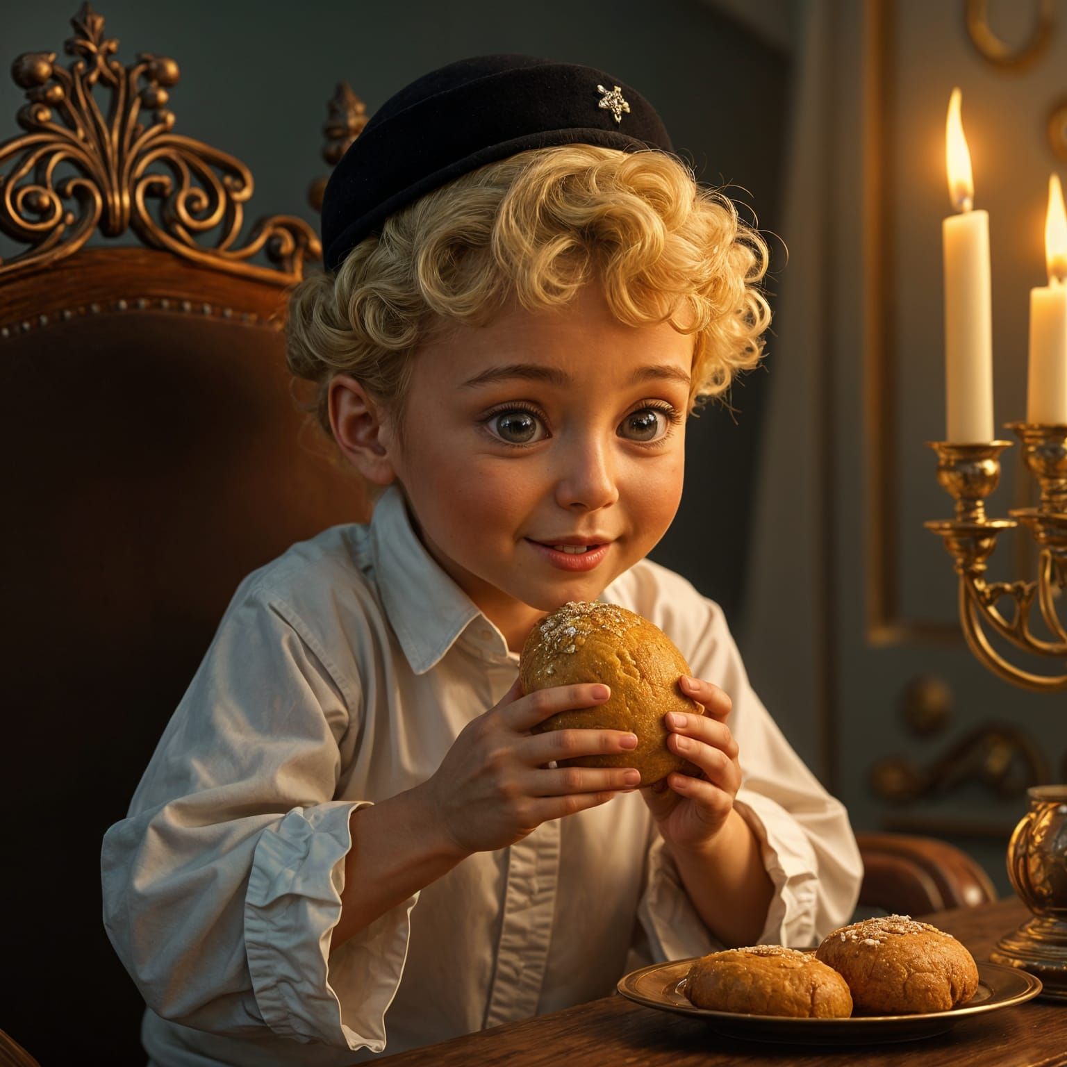 Orthodox Jewish Boy Eating Doughnut as Detailed Matte Painti...