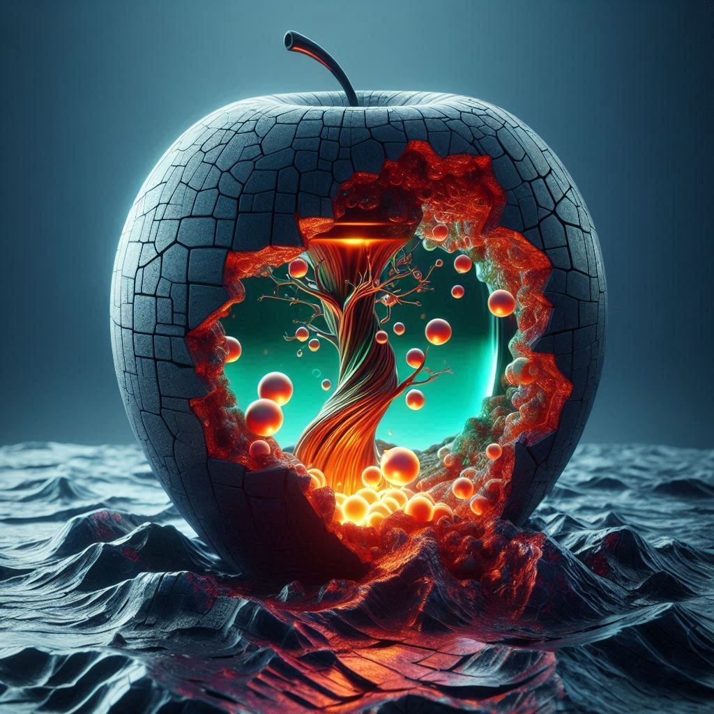 ripped open, cracked apple