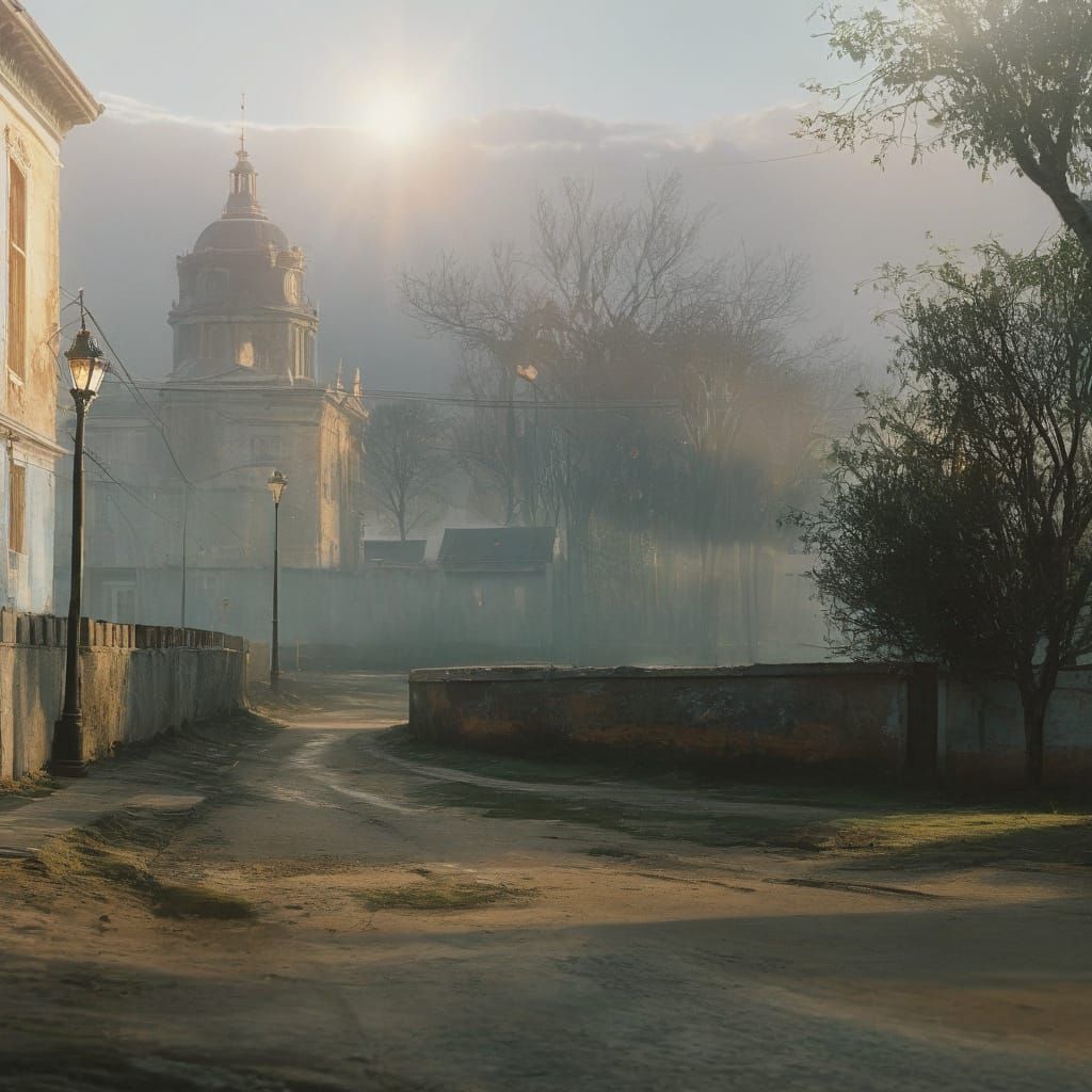 Golden Hour Oil Painting of a Field with Buildings
