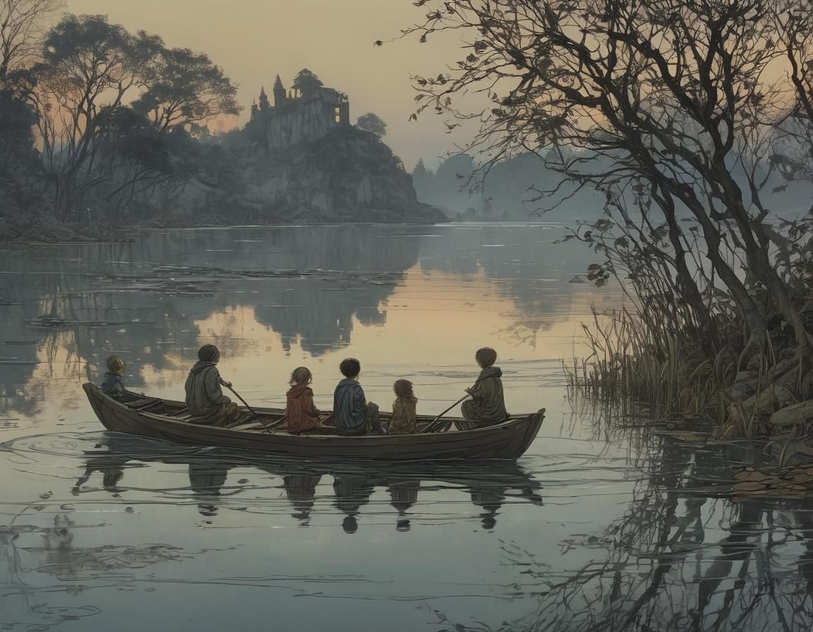 The cute siblings row across the lake to a mysterious island...