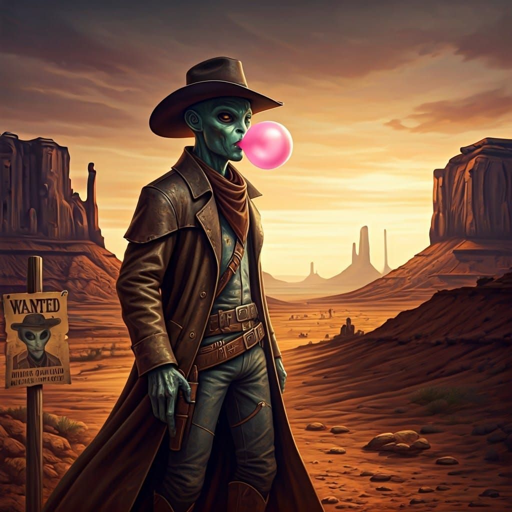 Alien cowboy wanted by the law chewing bubble gum  by @January1 1985