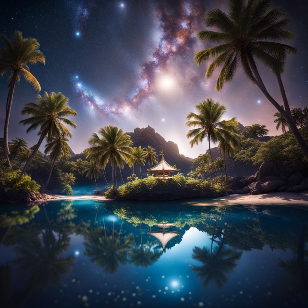 A beautiful lagoon island oasis set amongst the planets and constellations.   by @Mymymai