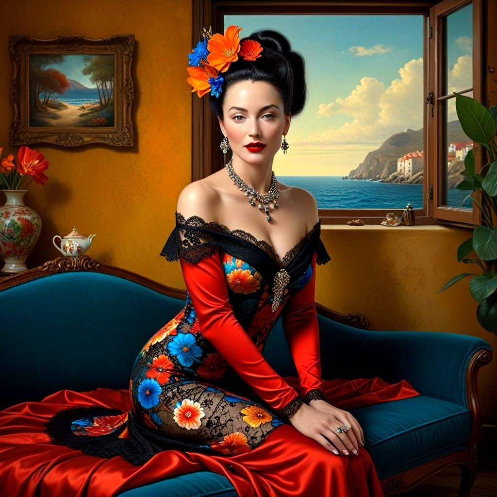 Surrealistic Portrait of a Happy Woman in Exotic Attire