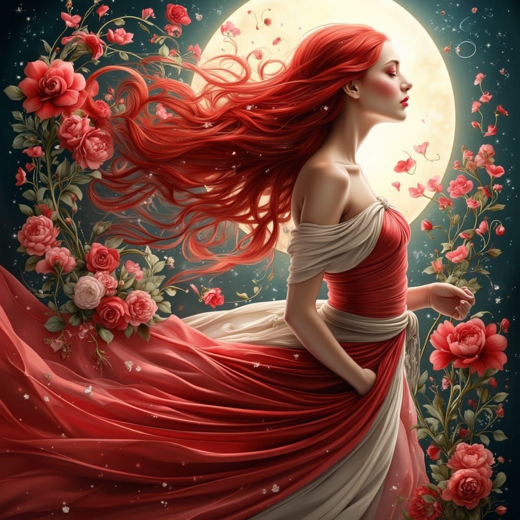 Dreamy Moonlit Woman with Radiant Red Hair in Art Nouveau St...