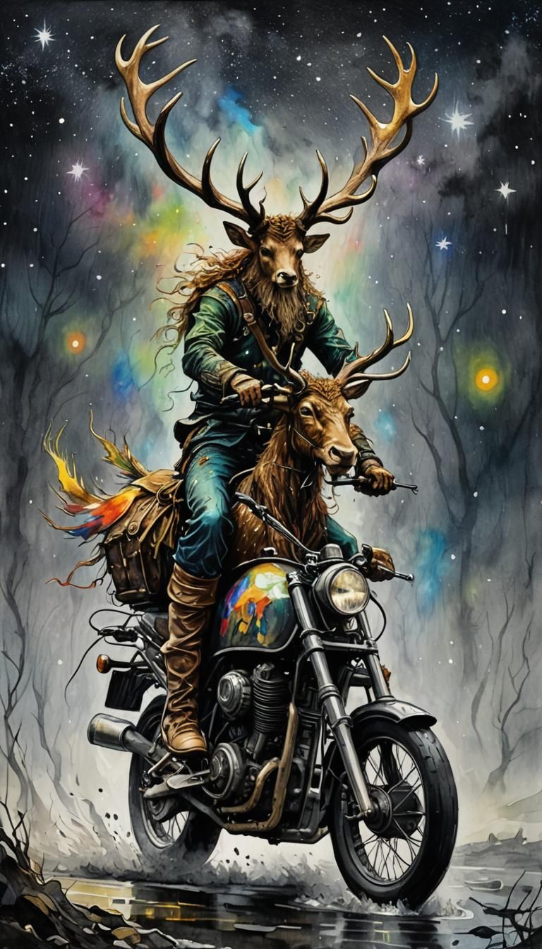 Antlered Horned God  Herne The Hunter  riding a  motorcycle ...
