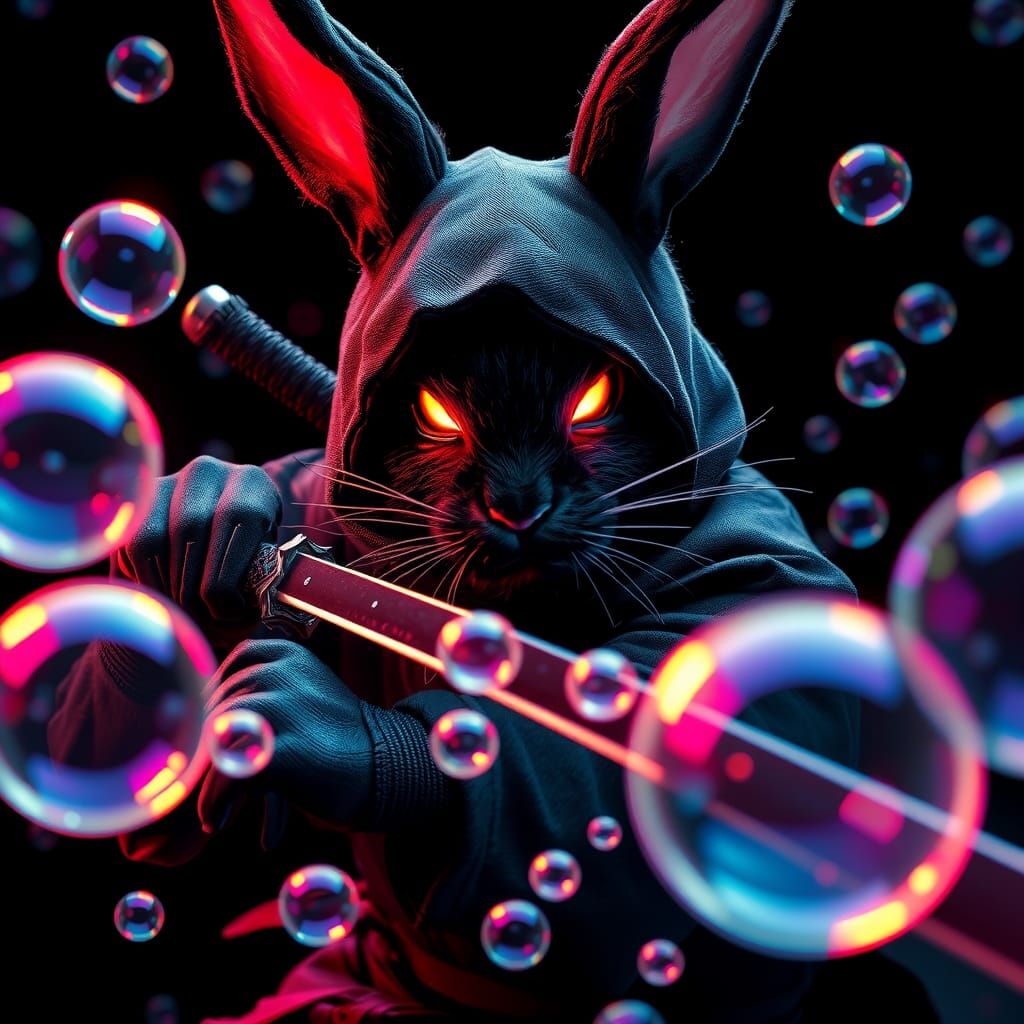 Black Japanese ninja rabbit with eerie glowing eyes/attacking iridescent bubbles with a samurai sword/large ...  by @BunnyFooFoo