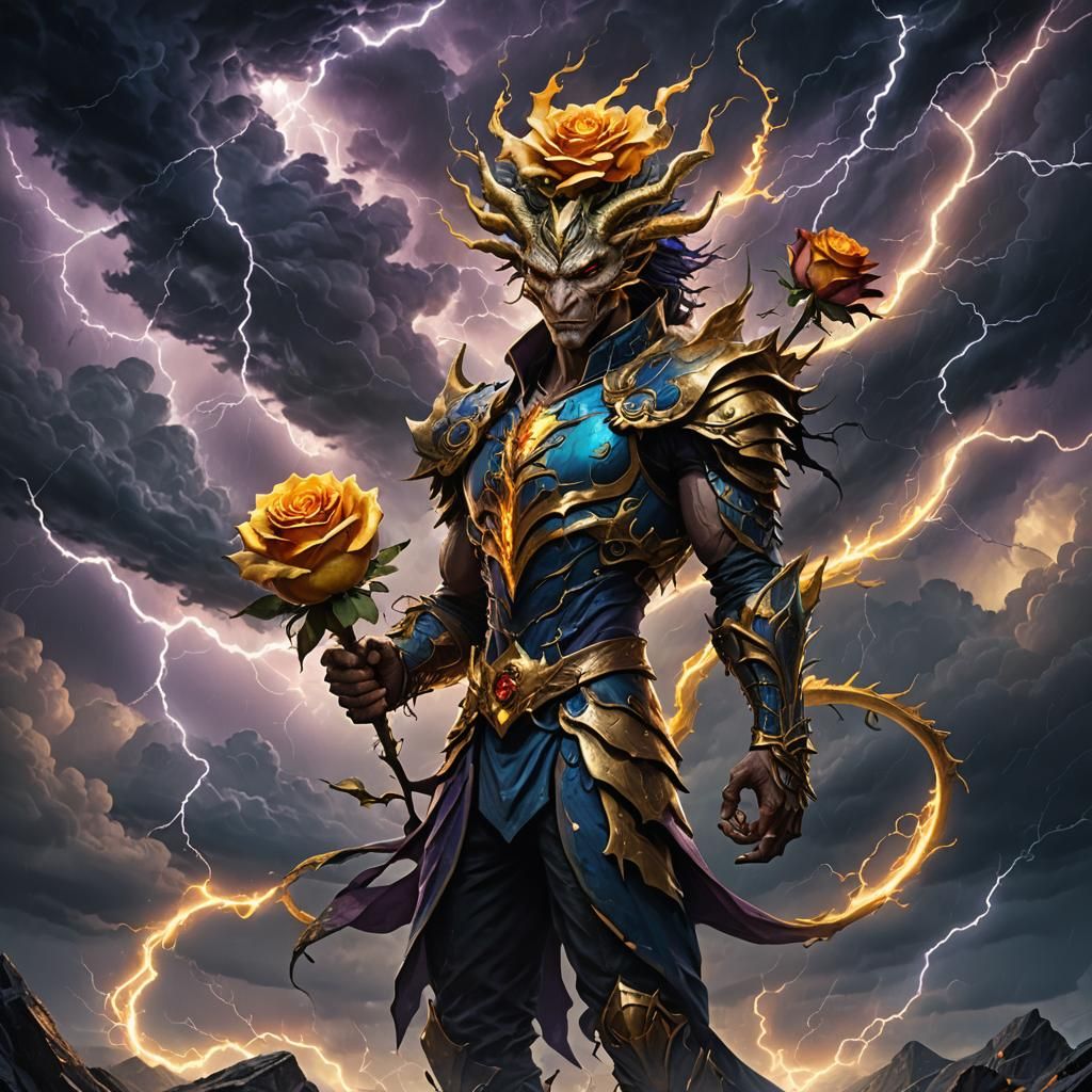 magic dragon human lightning  with a golden rose