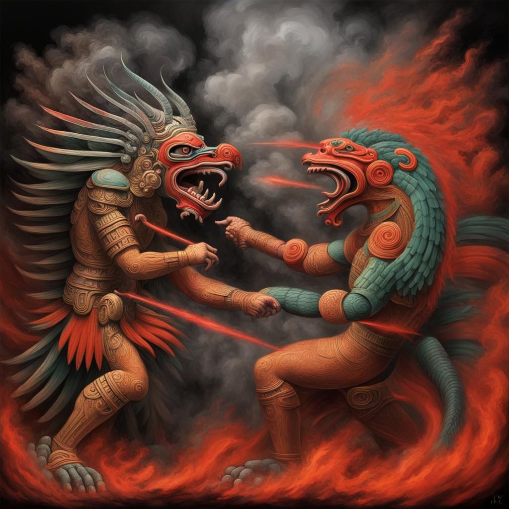 Quetzalcoatl fighting Tlaloc, Mayan art, Toltec design, vivid Mexican ...