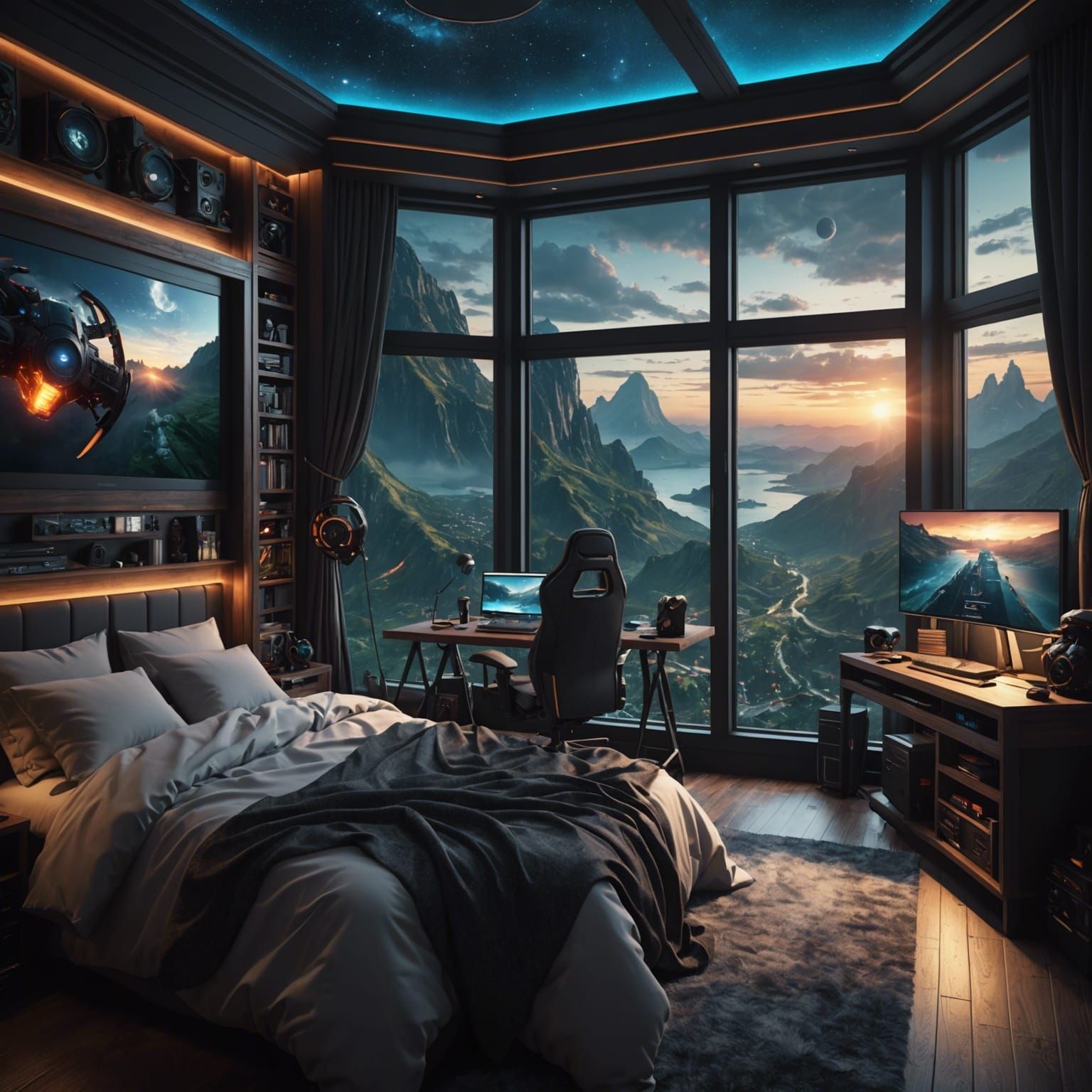 Dream gamer bedroom with a nice realistic view  by @stopeatingmytoast