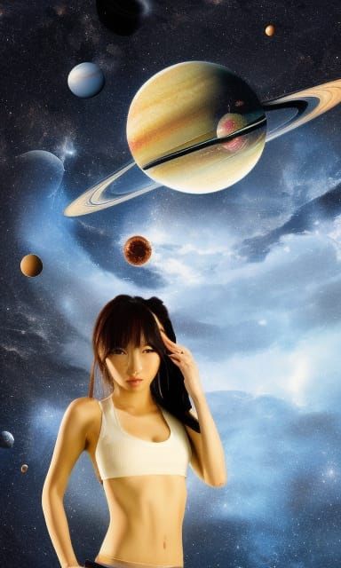 beautiful Japanese female model in space, she has planets ar...