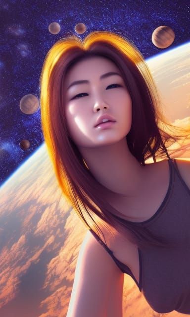 beautiful Japanese female model in space, she has planets ar...
