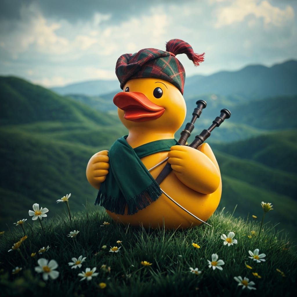 Scottish rubber duck with bagpipes, on the hilly grassy field, deep color, shaders  by @Komondor