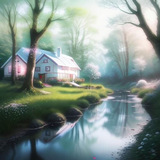 Woman in Red Dress Watches Wildlife: Digital Art