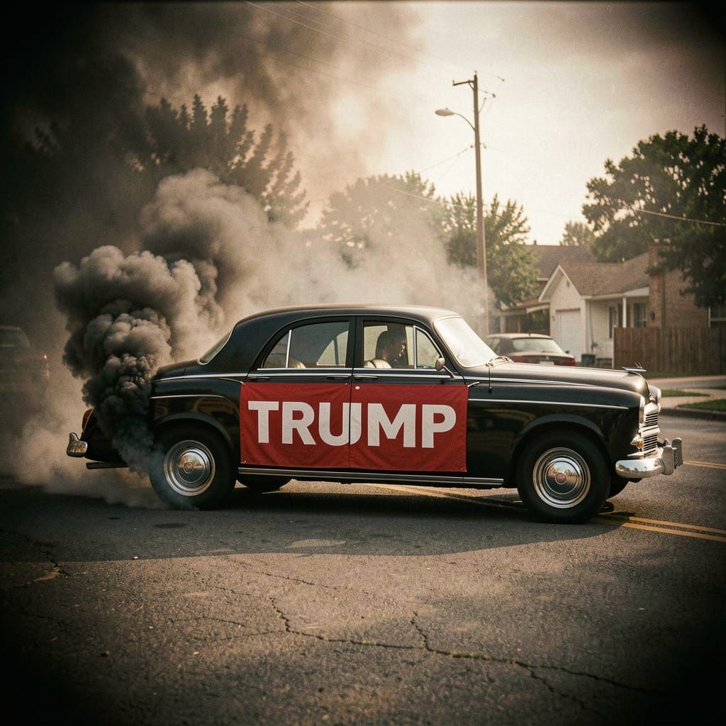 A car has a Trump banner. The car is spewing smoke out of its tailpipe.
