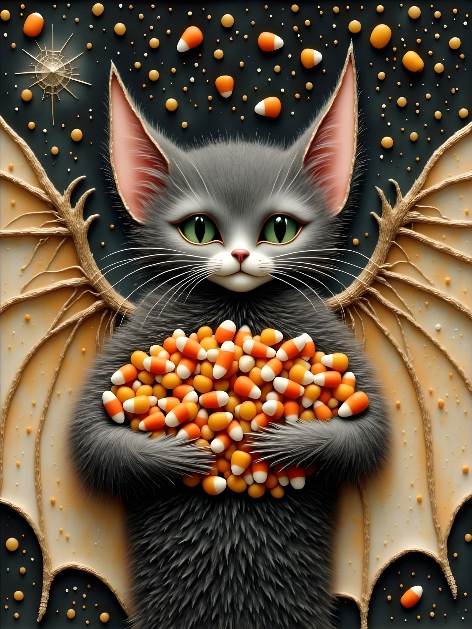 <lora:Kitty:1.0>  A bat with candy corn wings and tail, carrying a pile of candy corn in its arms, in the style of Harry Clarke, against a H...