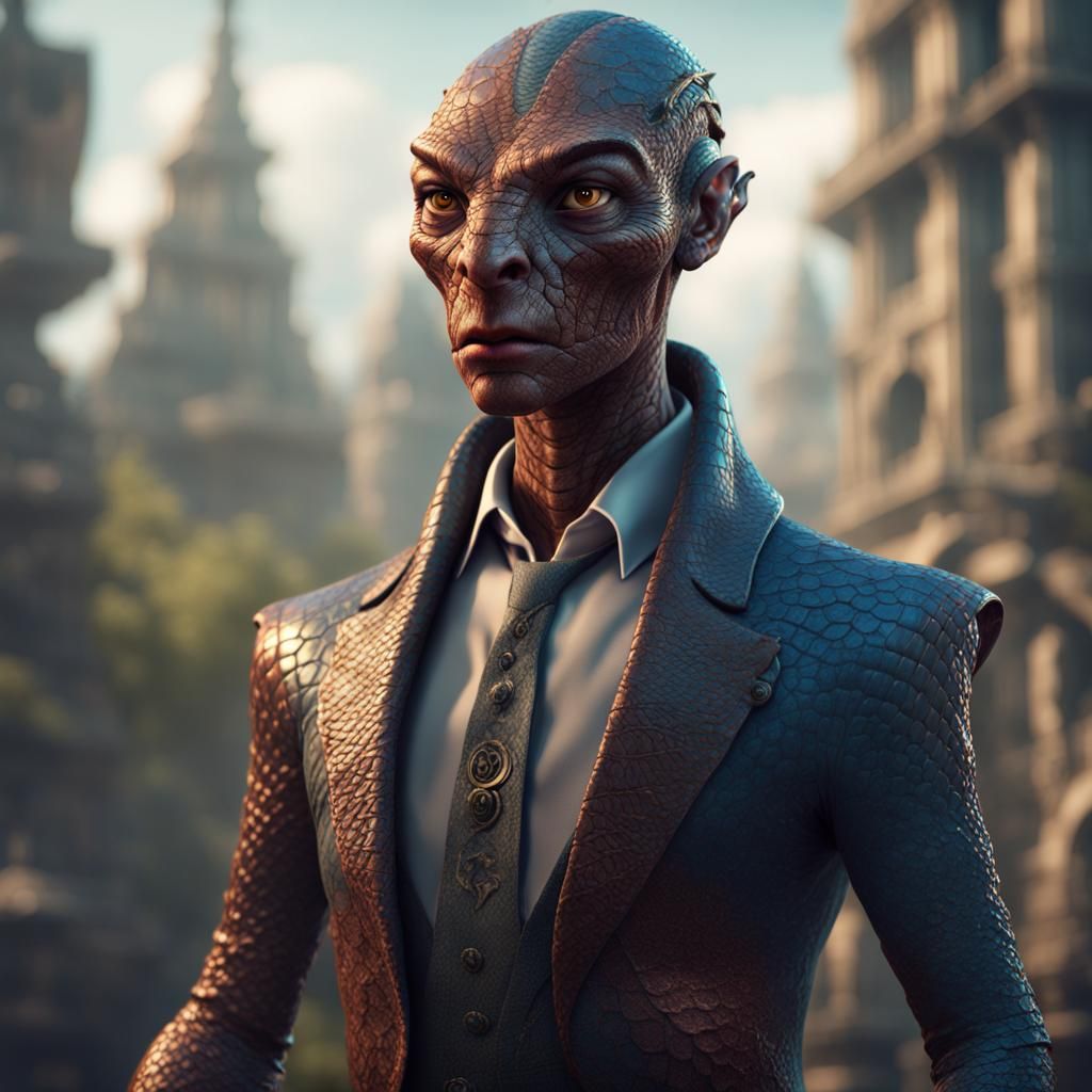 a humanoid with reptile skin, wearing regular clothes