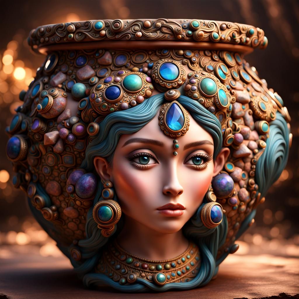 Whimsical clay pottery pot, adorned with exotic stones that unveils a