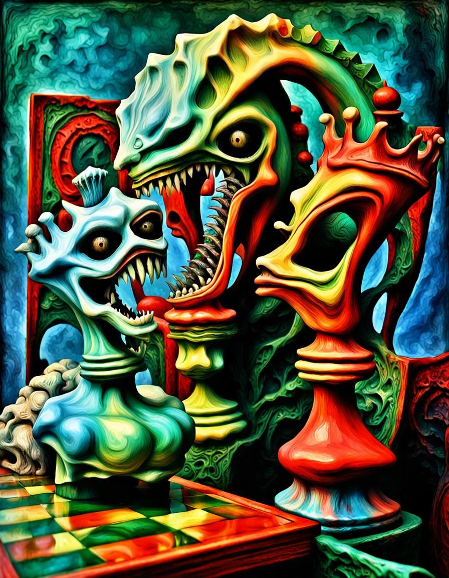 two crazy jesters laughing, H.R. Giger, psychedelic 3D chess...