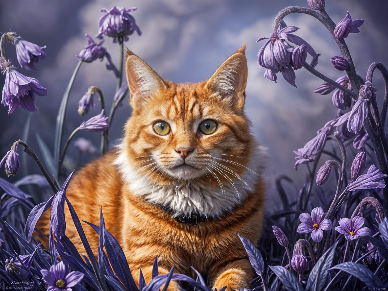 Orange Cat with Purple Flowers  by @Antinomy