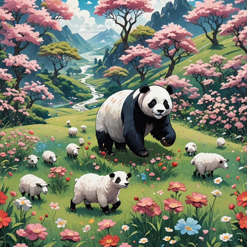 Giant Panda's Strawberry Shake: A Fantasy Landscape